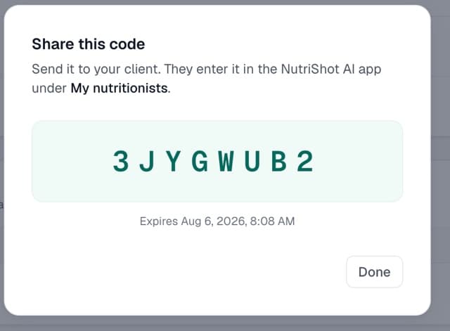 Der Dialog Share this code mit dem 8-stelligen Einladungscode und seinem Ablaufdatum.