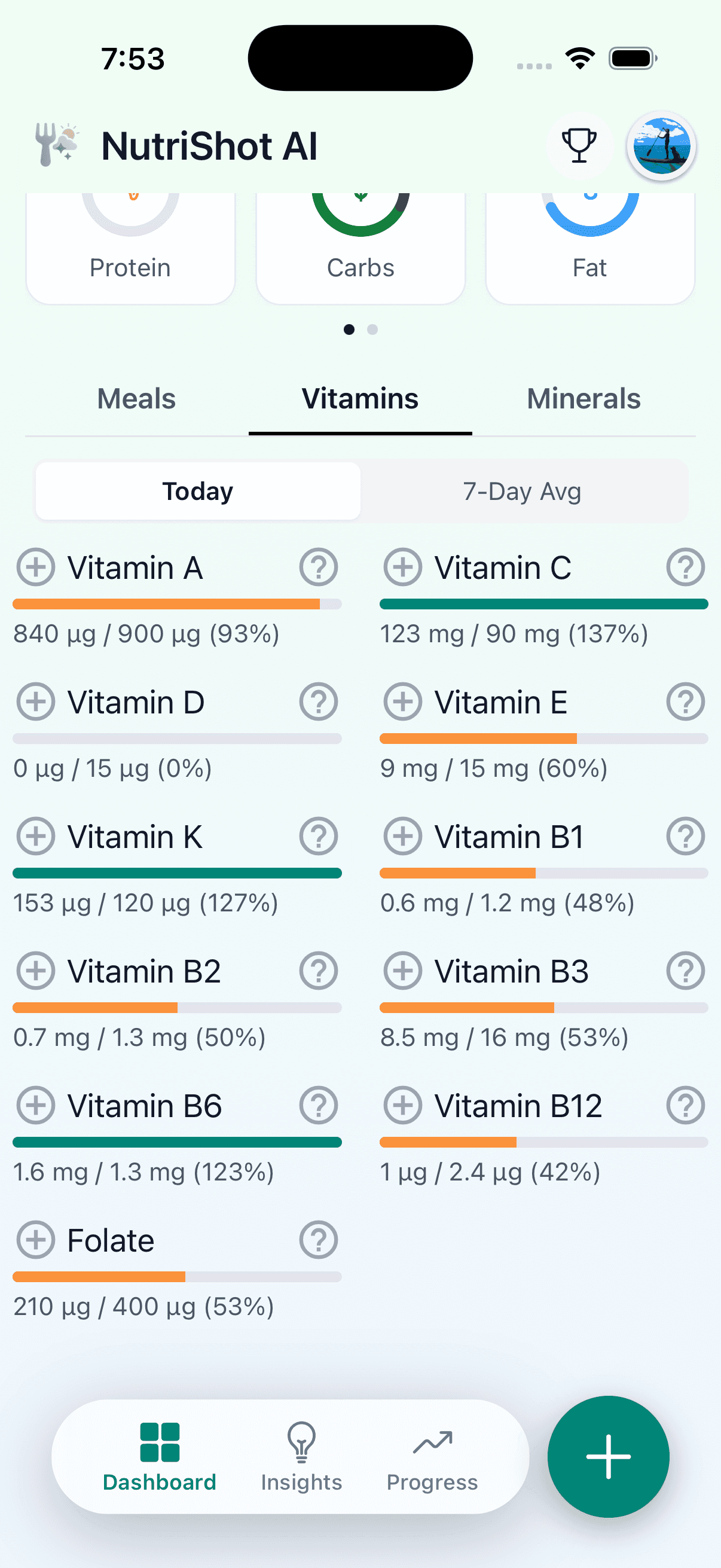 NutriShot-AI-Tab Vitamine, zeigt die tägliche Aufnahme von Vitamin A, C, D, E, K, B-Komplex, Folat und anderen essenziellen Vitaminen mit Fortschrittsbalken